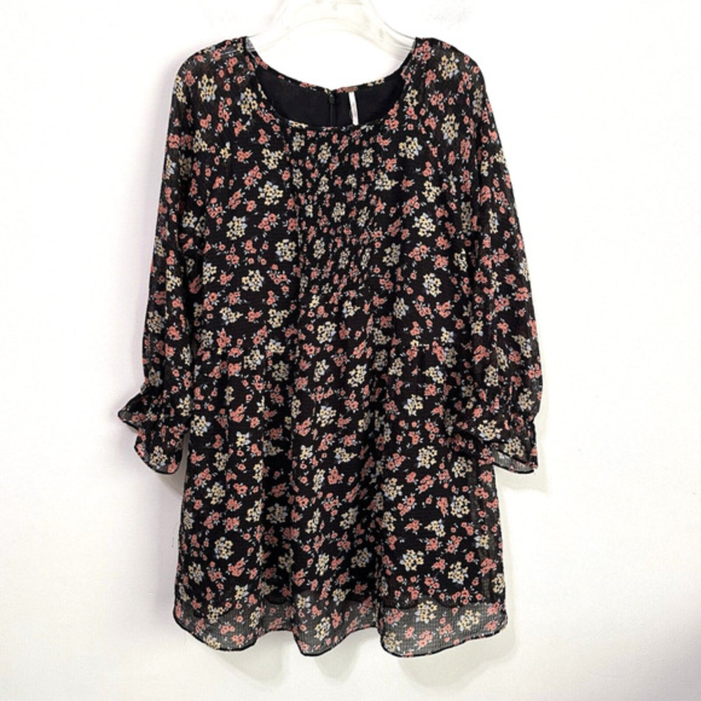 Free People Doll Pants Floral Mini Tunic Dress 10 3/4 Sleeve Lined Short‎ Boho